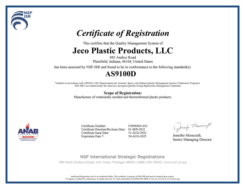 Zertifikat der Registrierung AS9100D für Jeco Plastic Products durch NSF-ISR
