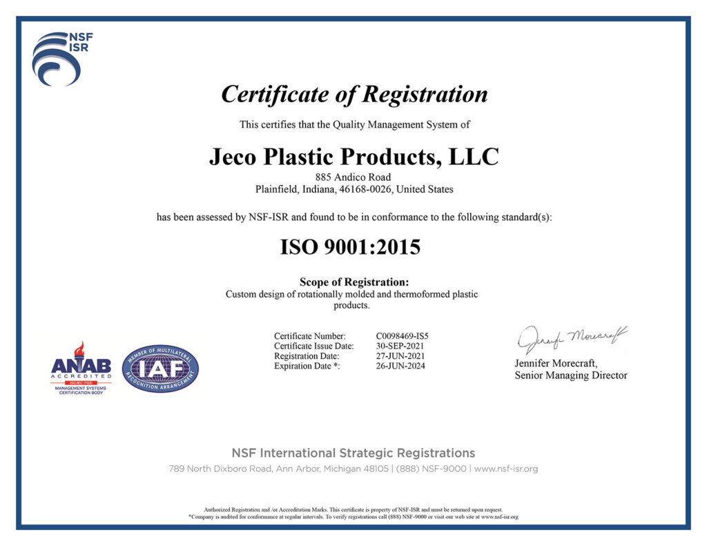 Zertifikat der Registrierung ISO 9001-2015 für Jeco Plastic Products durch NSF-ISR
