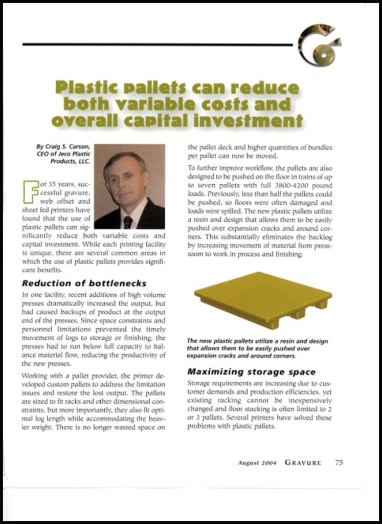 CEO von Jeco Plastic Products, Craig Carson, Artikel aus Gravure über Kunststoffpaletten auf der Titelseite 